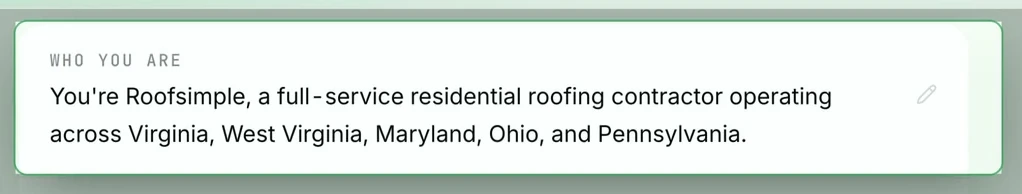 The General's own description of a roofing contractor: “You're Roofsimple, a full-service residential roofing contractor operating across Virginia, West Virginia, Maryland, Ohio, and Pennsylvania.”, read off the company's website.